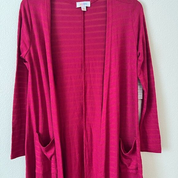 LuLaRoe Sarah Duster Cardigan Open Front Size XS Maroon Striped Pockets - Picture 3 of 9